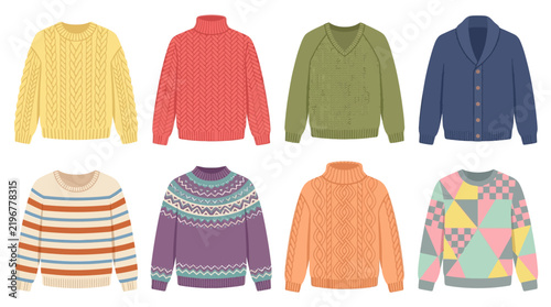Knitted sweaters collection features warm winter clothing and cozy apparel designs.
