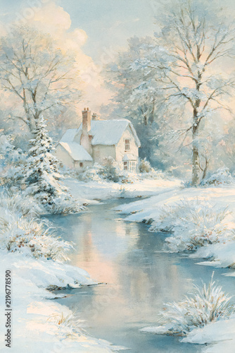 Watercolor painting depicting a cozy cottage nestled in a snow covered winter landscape, with a flowing stream and frosted trees