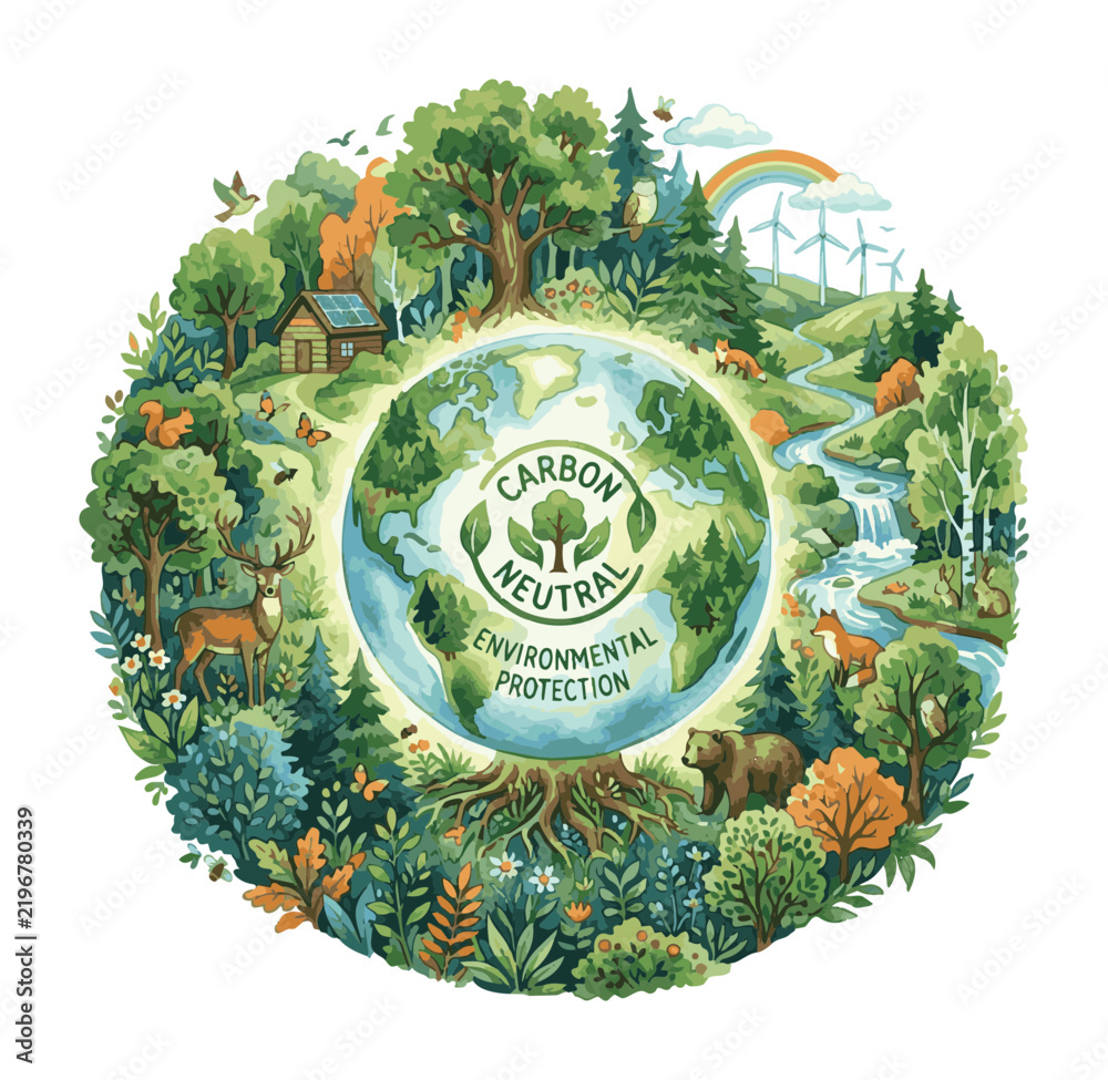 Obraz premium Carbon Neutral Environmental Protection Watercolor Earth Ecosystem Illustration.