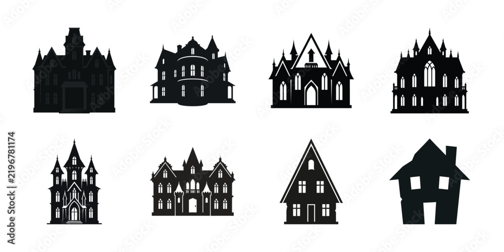 Fototapeta premium Collection of black house silhouettes on a white background