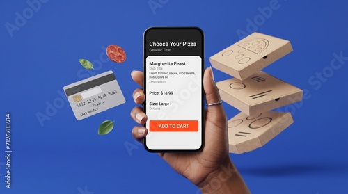 Hand holding smartphone with pizza ordering app against blue background with pizza boxes with floating ingredients background smartphone with digital