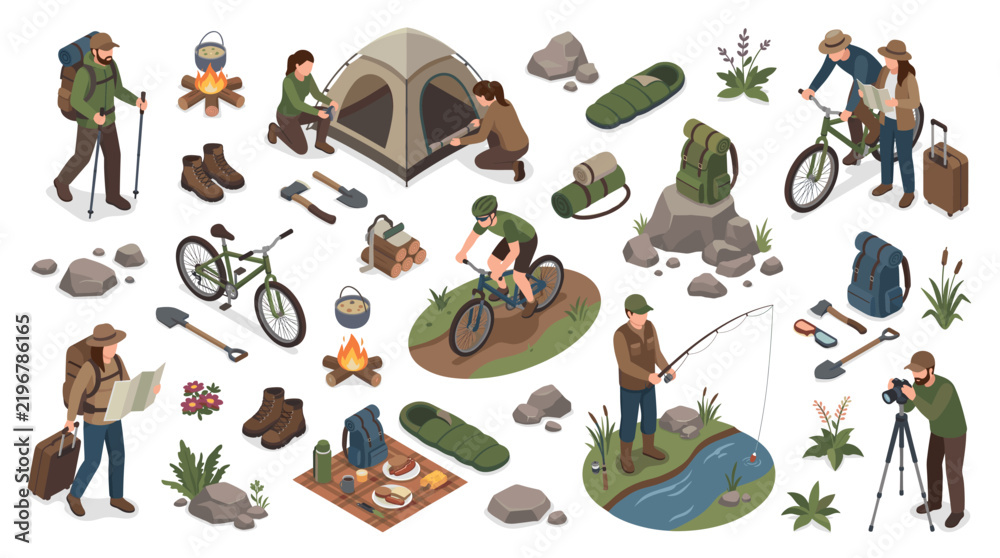 Obraz premium Isometric Camping and Outdoor Adventure Activities Collection.