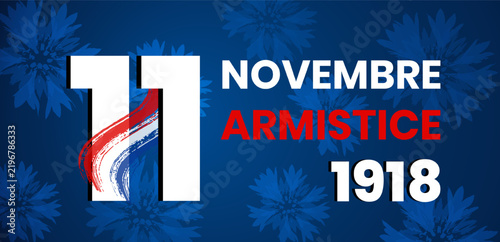 Obraz na plátně November 11 Armistice commemorative design with blue cornflowers and French tricolor brush stroke, marking the 1918 armistice and remembrance in France