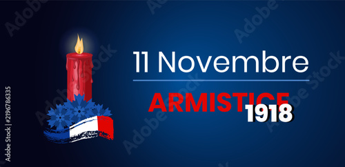 Fotografía November 11 Armistice 1918 commemorative illustration with memorial candle, blue cornflowers and French tricolor brush stroke
