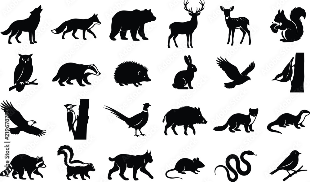 Obraz premium Forest Wildlife and Woodland Animals Silhouette Vector Set with Wolf Bear