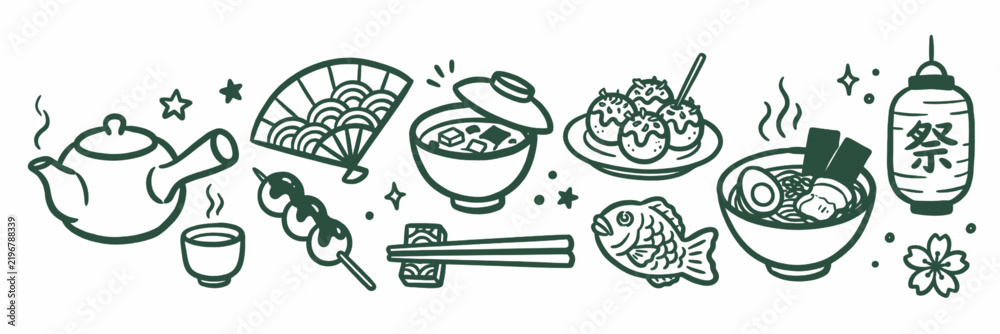 Fototapeta premium Hand Drawn Japanese Food and Cultural Elements Collection in Minimalist Outline Style Illustration