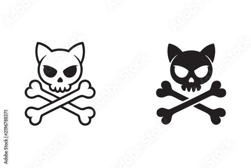 Gothic Cat Skeleton Symbol, Crossed Bones Mascot for Horror Gaming, Punk Merchandise, Halloween Design, and Apparel