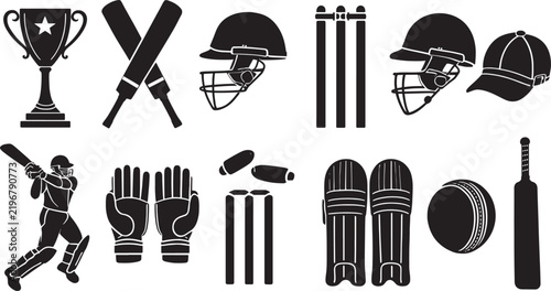Cricket sport icons set featuring equipment player silhouette and championship trophy cricket gear cricket bat