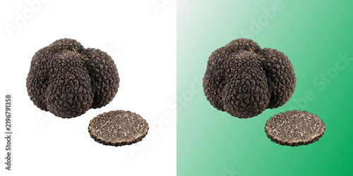 Foto Black truffle and thin slice gourmet mushroom delicacy ingredient