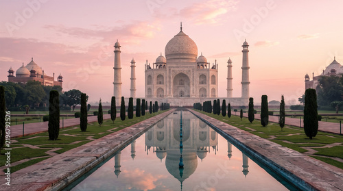 Symmetrical Reflection of Taj Mahal Palace at Sunset in Agra India