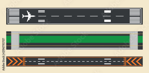 Airport runway. Aircraft road line top view. Taking off and landing plane. Airfield with markers and numbers for planes. Air transport, airline terminal. Vector illustration