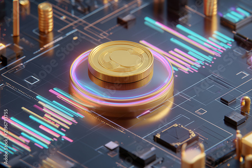 Golden cryptocurrency coin on digital circuit board with data charts