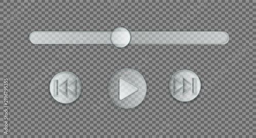 Transparent glass music player interface with playback buttons and progress slider.
