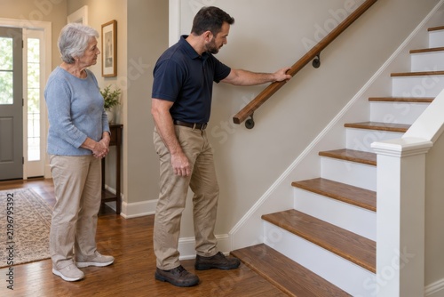 Home safety inspector checking stair handrail stability with older homeowner