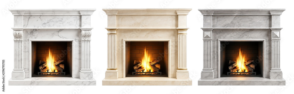 Fototapeta premium PNG Three classical marble fireplaces with glowing fires, isolated