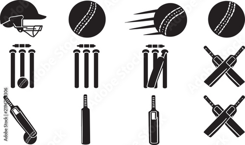 Set of cricket game equipment icons featuring bats balls helmet and wicket stumps cricket bat cricket ball sport icons sports gear