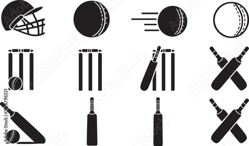 Cricket sport equipment collection including bats balls helmet and wickets with cricket bat cricket ball cricket wicket sports gear