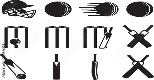 Cricket game element icons set with bats helmet and ball in motion cricket equipment cricket bat cricket wicket sports gear sport icons
