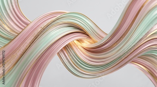 Abstract 3D rendering of flowing pastel ribbons with gold edges, pink and mint green waves, elegant luxury background, soft curves, modern art design, smooth texture