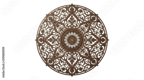 Intricate bronze mandala wall art, ornate circular metal carving with floral filigree, vintage decorative medallion for interior design and home decor isolated PNG with Transparent Background