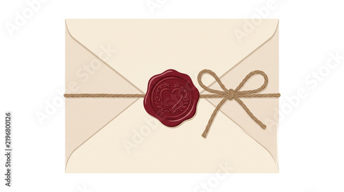 Vintage cream envelope with red wax seal and twine bow, elegant wedding invitation stationery, romantic letter with heart stamp and rustic string isolated PNG with Transparent Background