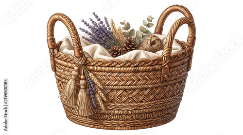 Rustic woven wicker basket with lavender and dried flowers, decorative farmhouse storage hamper with tassels, natural rattan basket for home decor isolated PNG with Transparent Background
