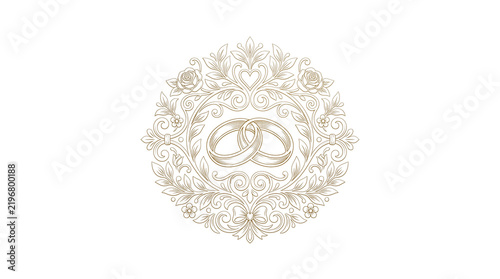Elegant wedding rings emblem, ornate floral circular frame with interlocking gold bands, luxury marriage crest for invitation design isolated PNG with Transparent Background