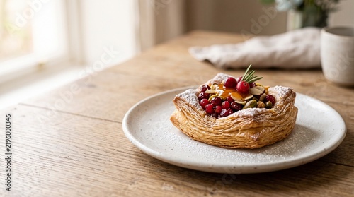 Artisan cranberry danish pastry on a ceramic plate on a rustic wooden table