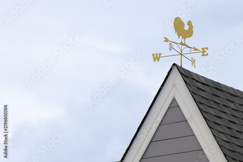 Rooster weather vane on house peak, gray siding, white trim, overcast sky