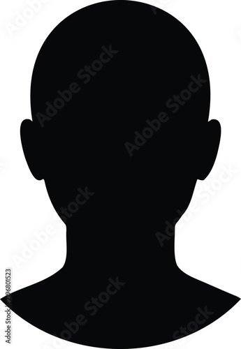 Black silhouette of a human head and shoulders, front view, isolated on a white background, simple avatar blank profile gender neutral person shape