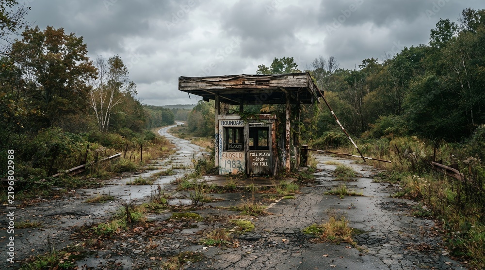 Naklejka premium Abandoned gas station in a desolate overgrown landscape under a stormy sky.