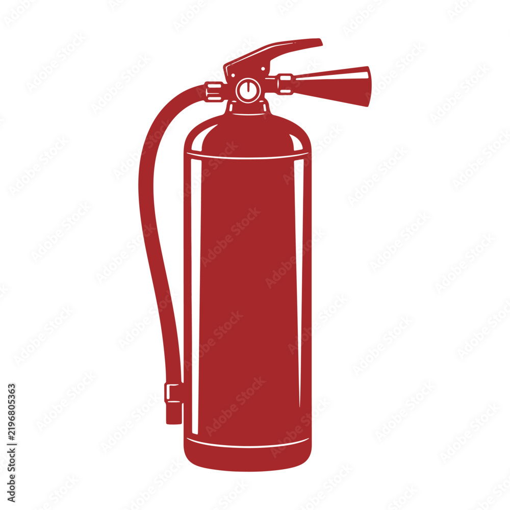 Obraz premium Red fire extinguisher with a hose and nozzle, safety equipment for fire protection, isolated on a white background