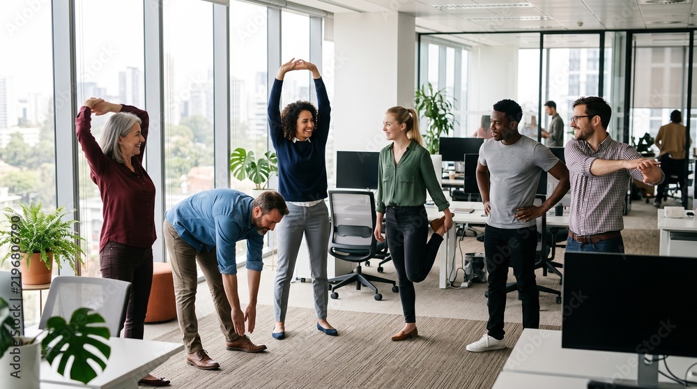 Fototapeta premium Office employees performing desk yoga and stretching exercises in modern coworking space with copy space