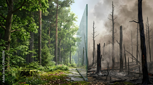 A stark visual dichotomy juxtaposes a vibrant, lush green forest with a desolate, scorched landscape consumed by fire, highlighting the devastating impact of climate change.
