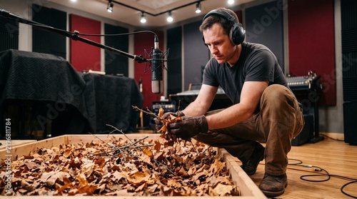 Foley artist creating sound effects with dry autumn leaves in a professional recording studio.