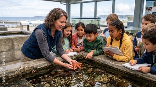 A female teacher showing a starfish to a group of elementary school students during a field trip to an aquarium.