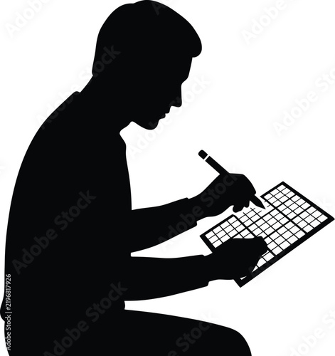 Silhouette of person filling out grid form on clipboard with pen.