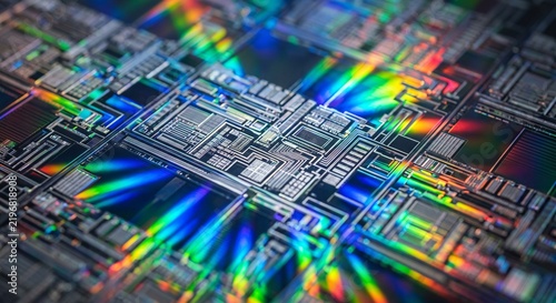 Macro close up of silicon wafer semiconductor microchip with rainbow light prism reflection