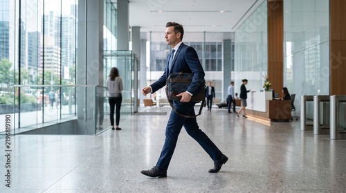 Businessman walking confidently through a modern office lobby carrying a briefcase