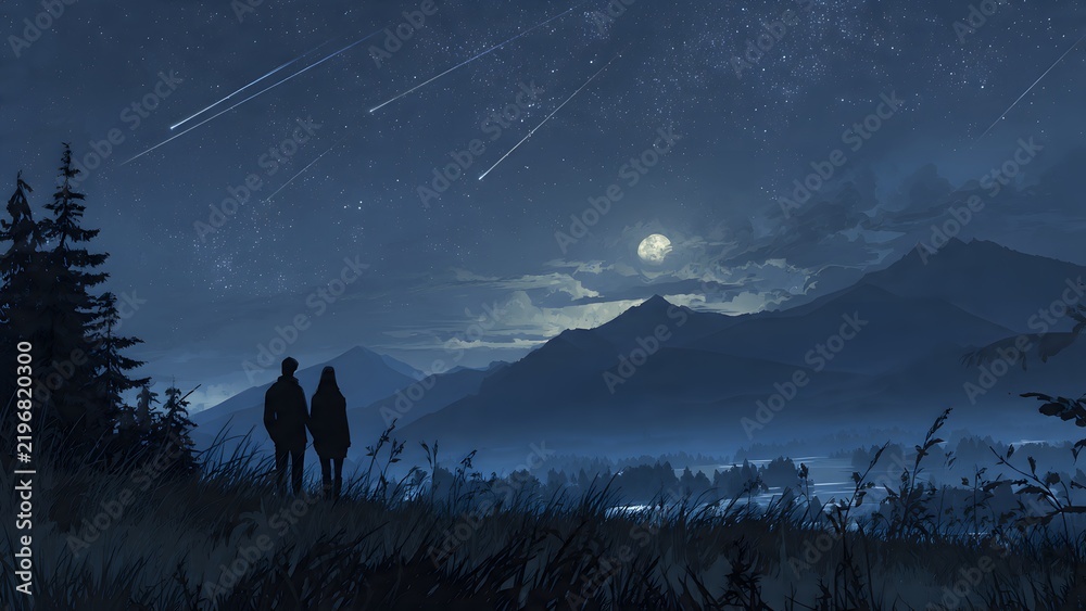 Fototapeta premium Romantic couple gazes at a star-filled sky and meteor streaking above peaceful mountain peaks at night.