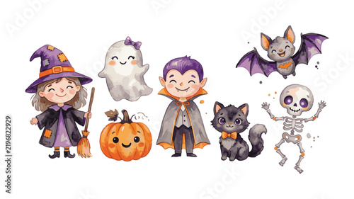 Cute Watercolor Halloween Cartoon Characters Set.