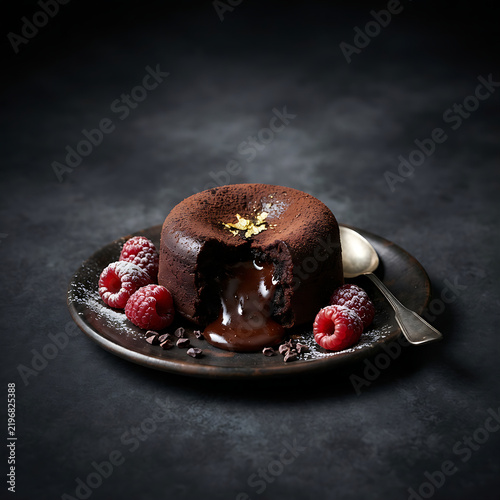 Chocolate dessert luxury ad — 9:16, 4320 × 7680
Photorealistic vertical food advertising image of a decadent chocolate lava cake with glossy molten center, raspberries and cocoa dust, deep dark studio