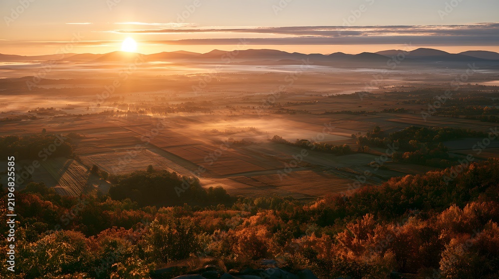 Obraz premium Scenic sunrise over a foggy valley with autumn foliage on the foreground hills
