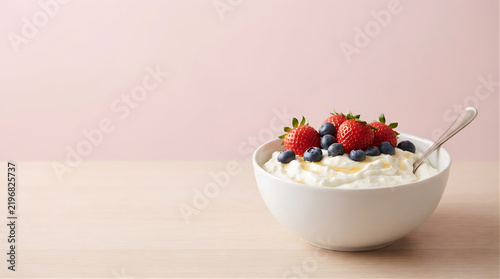 Photorealistic food advertising image of creamy Greek yogurt in an unbranded white bowl, surrounded by fresh blueberries, strawberries and a honey drizzle, bright pale pink studio background 
