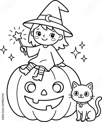 Halloween coloring page with cute witch sitting on pumpkin, little sorceress with magic wand and black cat, spooky autumn holiday line art vector