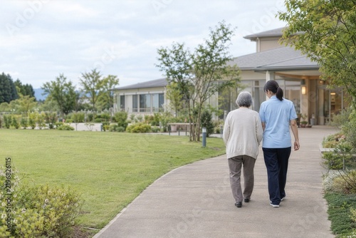 Obraz w ramie 介護施設の庭を歩く高齢者と介護職員の後ろ姿
