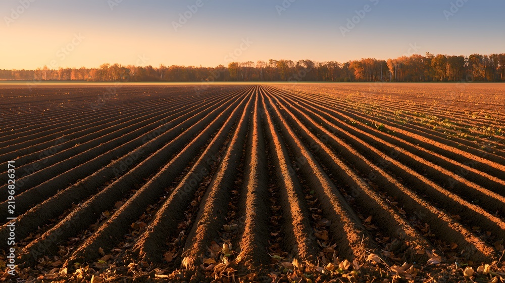Obraz premium Freshly ploughed farm field with neat rows stretching to the horizon at sunset