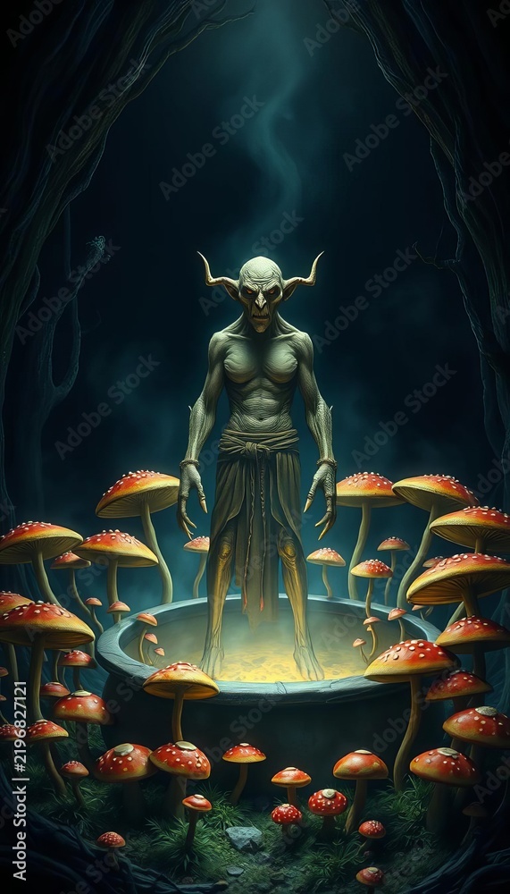 Fototapeta premium Tall, warty figure standing amidst a cauldron-filled circle of mushrooms, surrounded by darkness, cauldron, mysterious