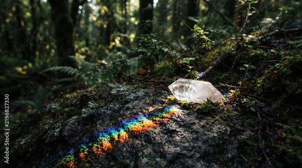 Obraz premium A vibrant manifestation of longevity through a crystal in a forest where picking fruits and vegetable for a vegan diet reflects neurodiversity