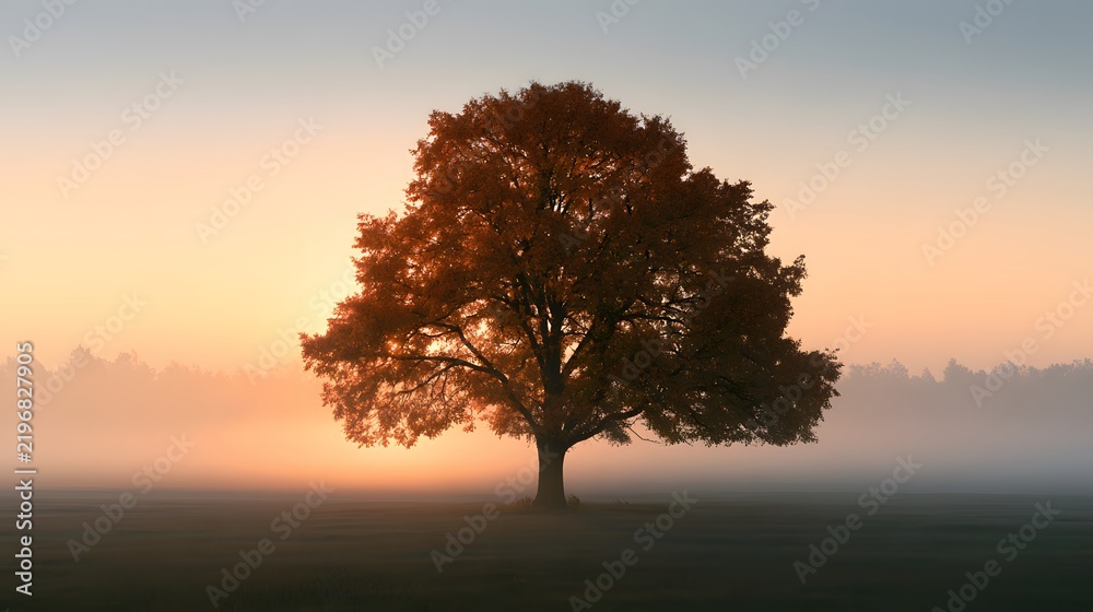Obraz premium Stately autumn tree standing alone in a serene, misty field at sunrise with golden light